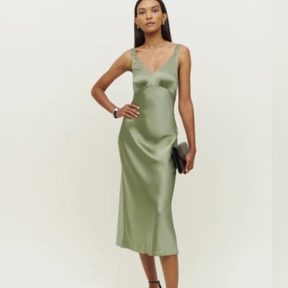 Reformation Daytona silk dress in Olive, S